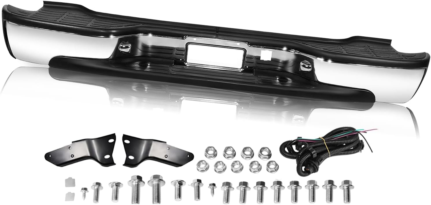 SOCKIR (w/o Sensor Holes) Rear Bumper Assembly Fits for 2000-2006 Chevy Suburban 1500/2500 / Tahoe / 00-06 GMC Yukon/Yukon XL 1500 Back Step Bumper Chrome One-piece Molding Anti-Rust Coating
