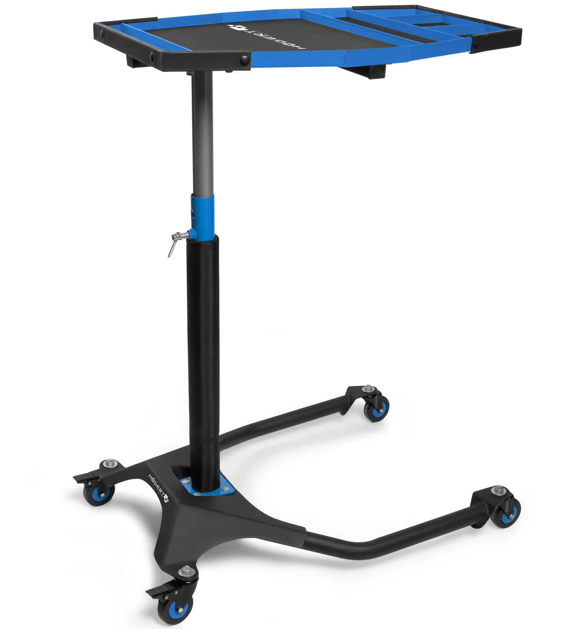 Högert Technik Mesa de Trabajo móvil HT7G564, Altura Regulable 86-120 cm, Capacidad 30 kg, Estructura en H para Taller, 4 Ruedas giratorias TPR con Freno, Azul-Negro