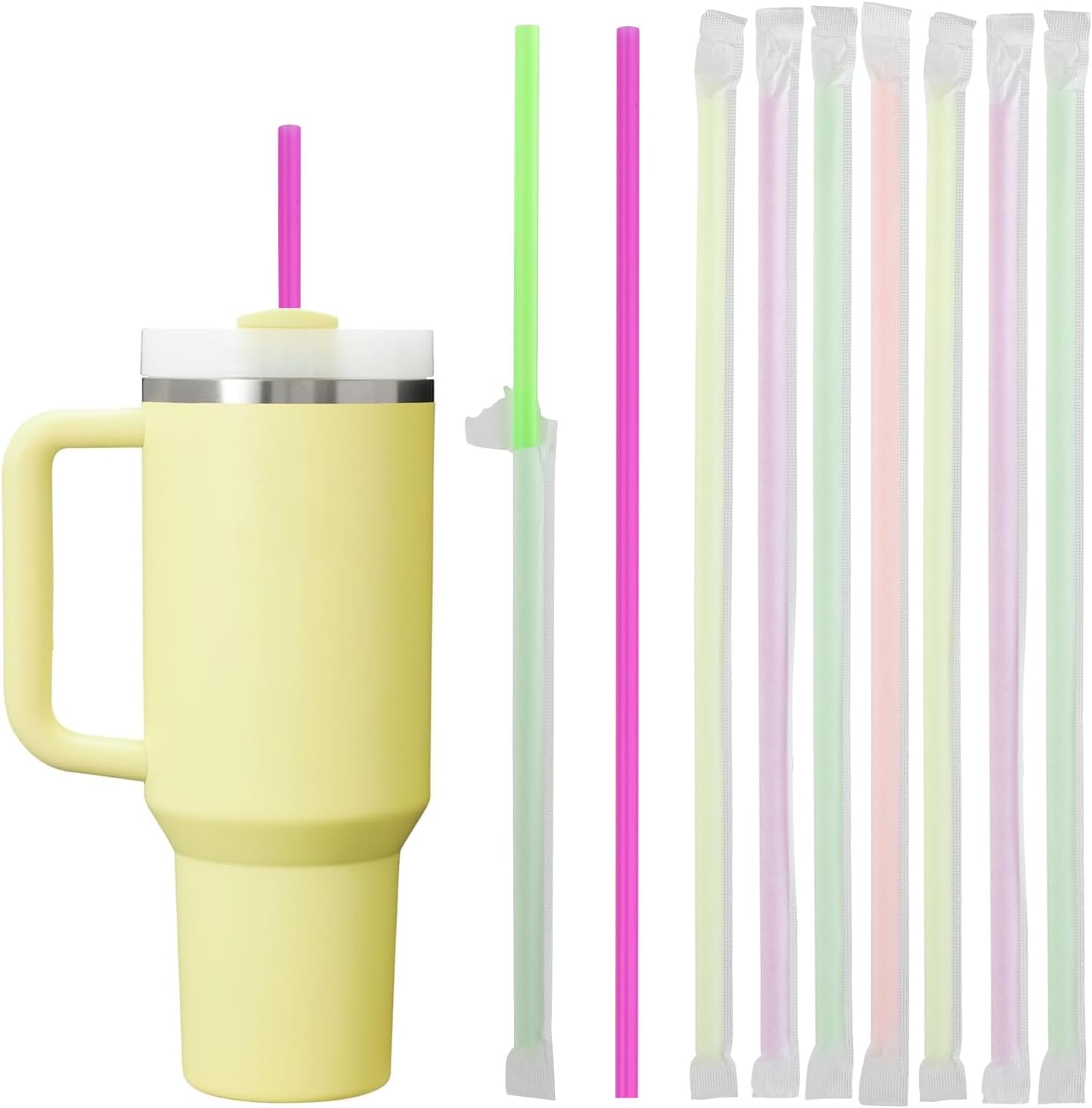 100PCS Disposable Straws for 40 Oz Tumbler, 12in Extra Long Individually Wrapped Straws for Stanley 40 Oz 30 Oz 20 Oz Cup, Neon