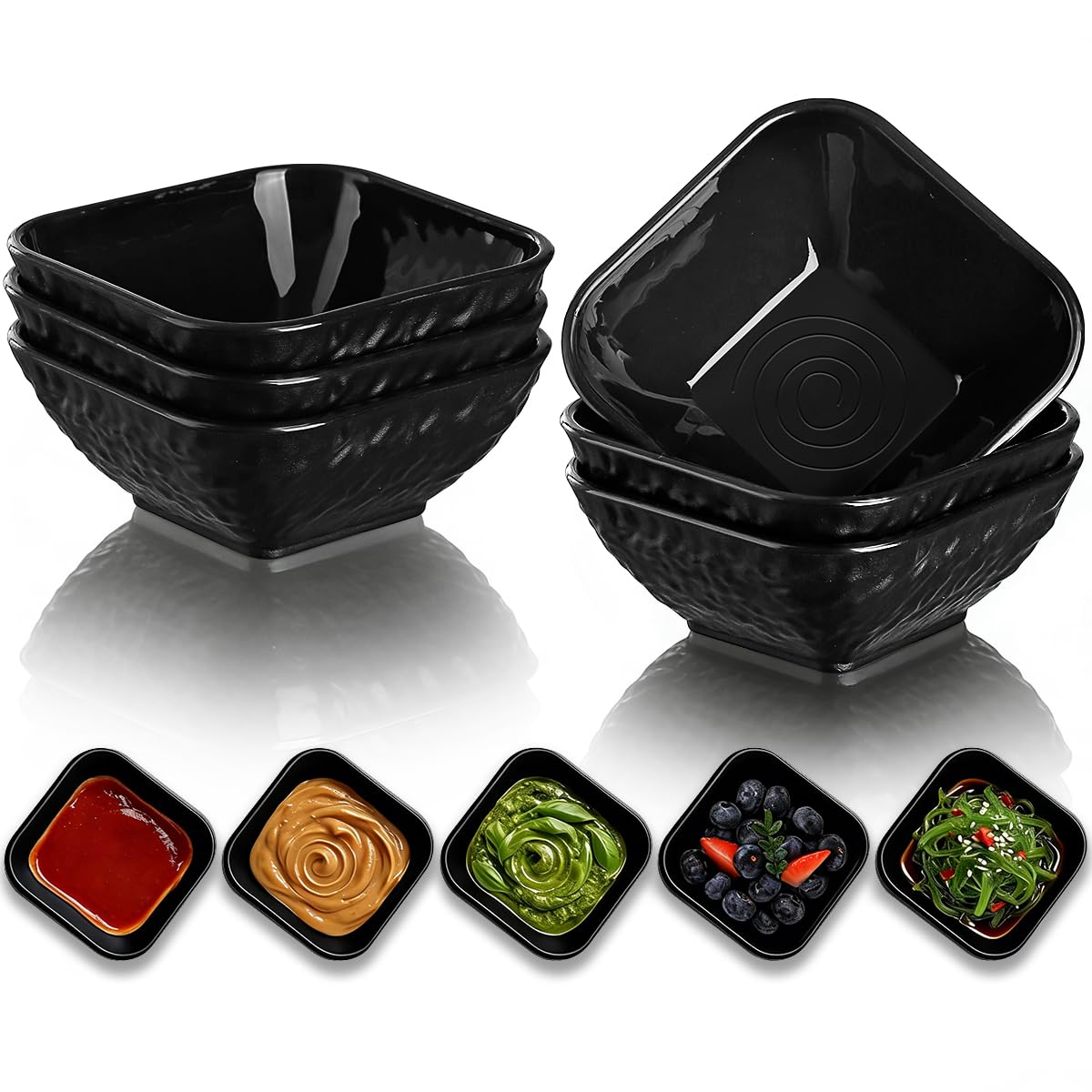 Berglander Dip Bowls Set 6pcs, 180ml Black Plastic Dipping Bowls, Matte Stone Texture Soy Sauce Plates, Mini Appetizer Bowls for Side Dishes, Condiment Server for Tomato Sauce, Ketchup, BBQ, Party