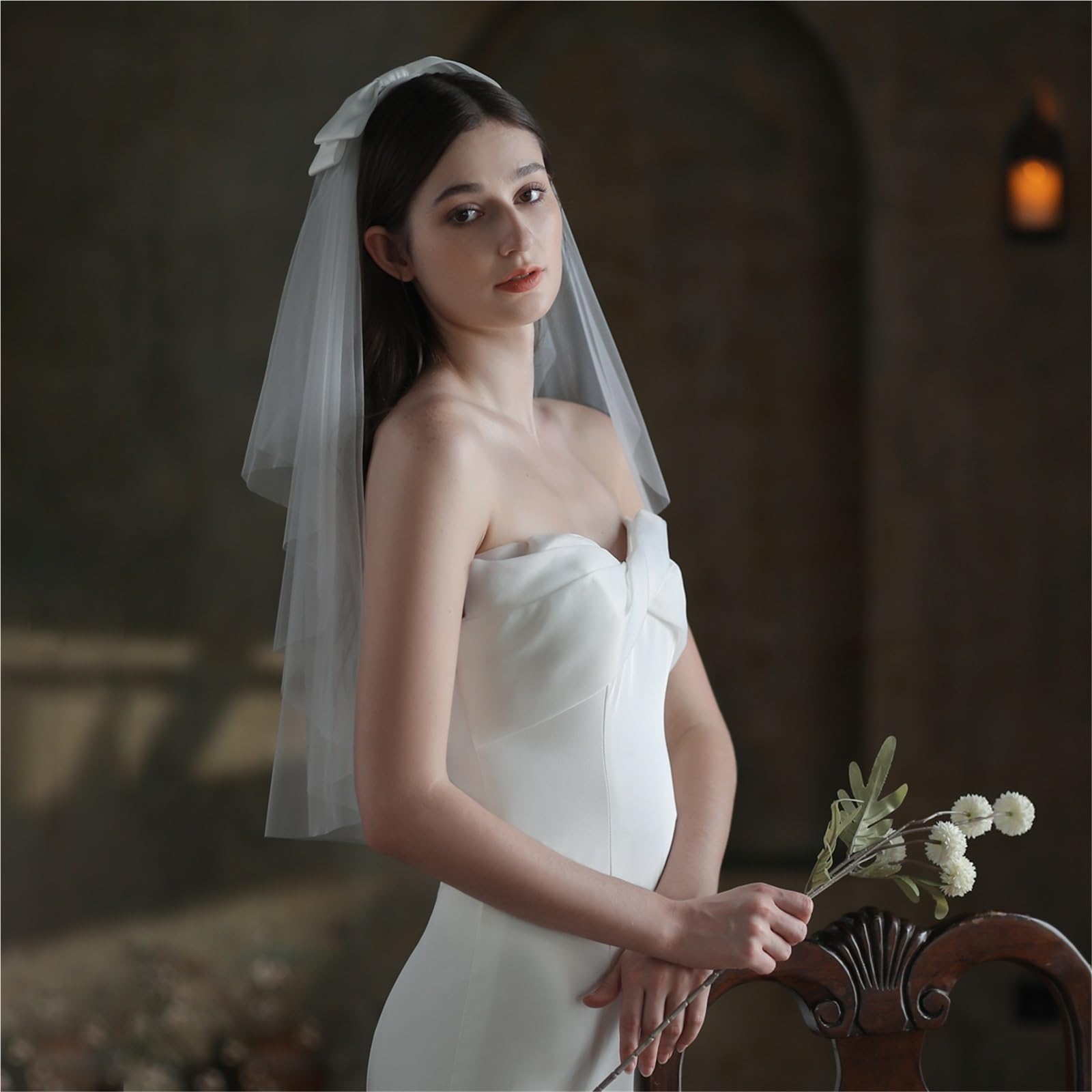 Brautschleier 2 Stück weicher Hochzeitsschleier, zweilagig, Tüll, Hochzeit, Brautschleier aus Satin, Schleife mit Haarkamm for die Hochzeit Brautaccessoires(White)