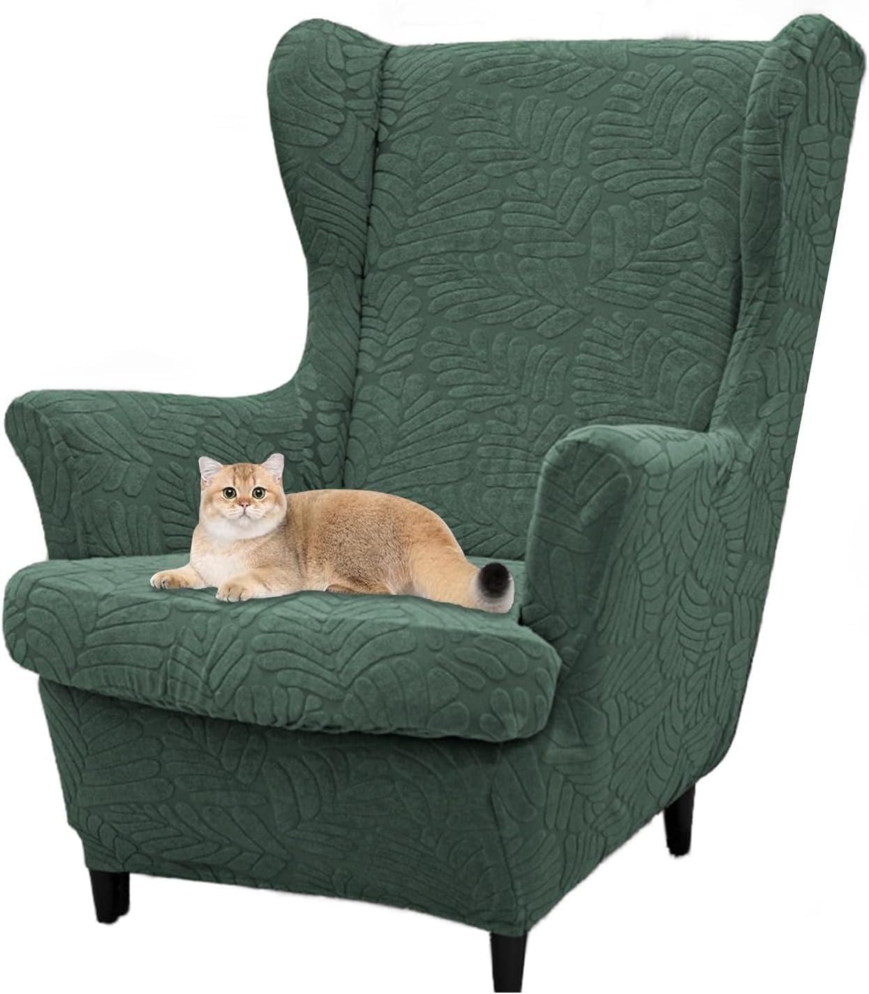 Somsiwey Stretch Wingback Chair Covers 2 Piece Wing Chair Slipcover Jacquard Fabric Wing Chair Cover with Elastic Bottom for Living Room Furniture Protector(Pine Green)