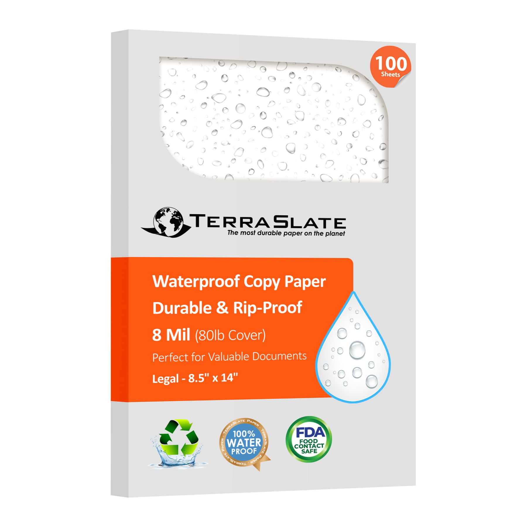 TerraSlate Waterproof Laser Printer Paper – 8 MIL 8.5"x14", 100 Sheets, White – Tear & Smudge Proof, Heavy-Duty for Outdoor Use, Ideal for Printing, Copying & More
