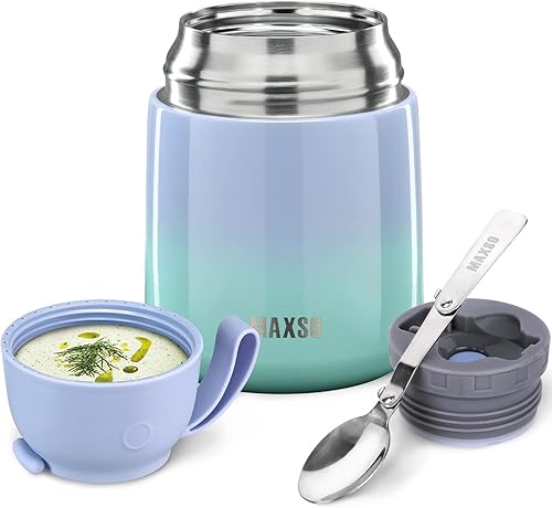 MAXSO Termo de sopa para alimentos fríos y calientes para adultos y niños, contenedor de almuerzo de acero aislado al vacío de 17 onzas con cuchara,