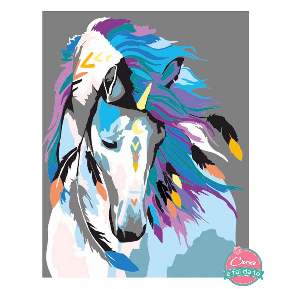 Kit Fai da Te per Dipinto su Tela Colori acrilici - Dipingere con i Numeri - Indian Horse - Dimensioni 35x45cm