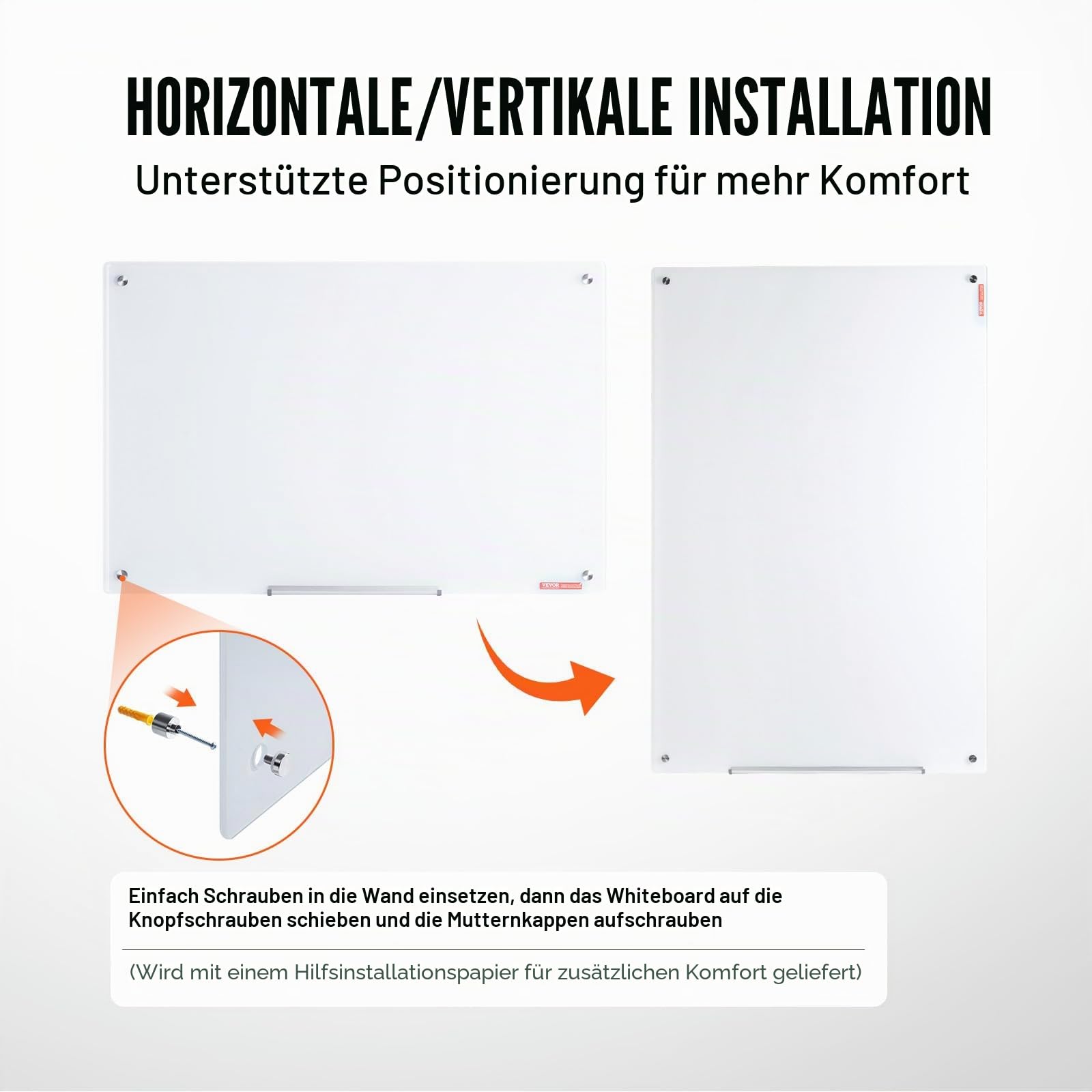 VEVOR Magnetisches Glas-Whiteboard, Wandtafel Trocken Abwischbare Tafel 90 x 60 cm, Wandmontiertes Weißes Glasboard ohne Rahmen, mit Stiftablage, einem Radiergummi& 2 Stiften, Magnettafel Weiß