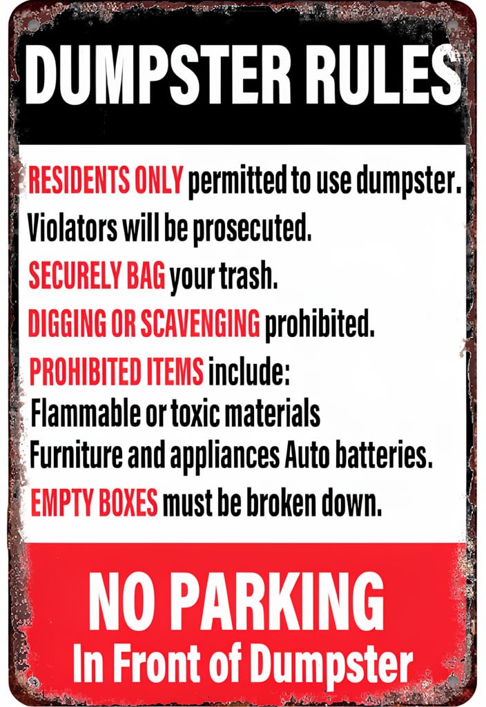peiyeety Dumpster Rules Tin Sign 12x8 Inch, No Parking in Front of Dumpster Metal Wall Decor, Vintage Rustic Warning Sign for Apartment Complex, Trash Area, Garage, Outdoor Home Decor Gift