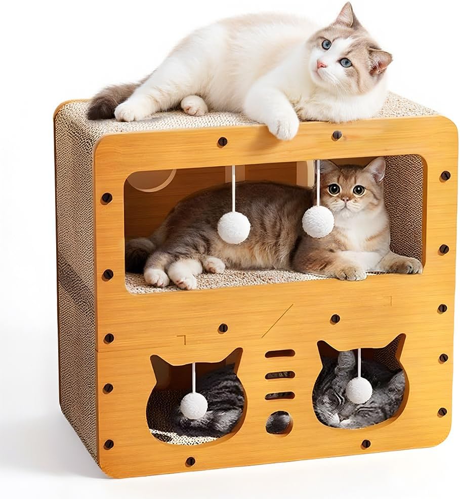 Cat Beds for Indoor Cats，Wooden Cat Scratcher House & Cardboard Condos，Covered Bedsure Kitten Bed Cave Furniture，Cute Playhouse Box，Large Size，Suitable for Cats up to 15 lbs