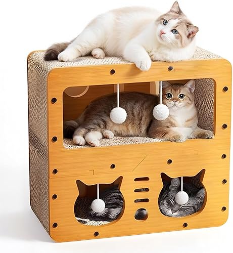 Cat Beds for Indoor Cats，Wooden Cat Scratcher House & Cardboard Condos，Covered Bedsure Kitten Bed Cave Furniture，Cute Playhouse Box，Large Size，Suitable for Cats up to 15 lbs