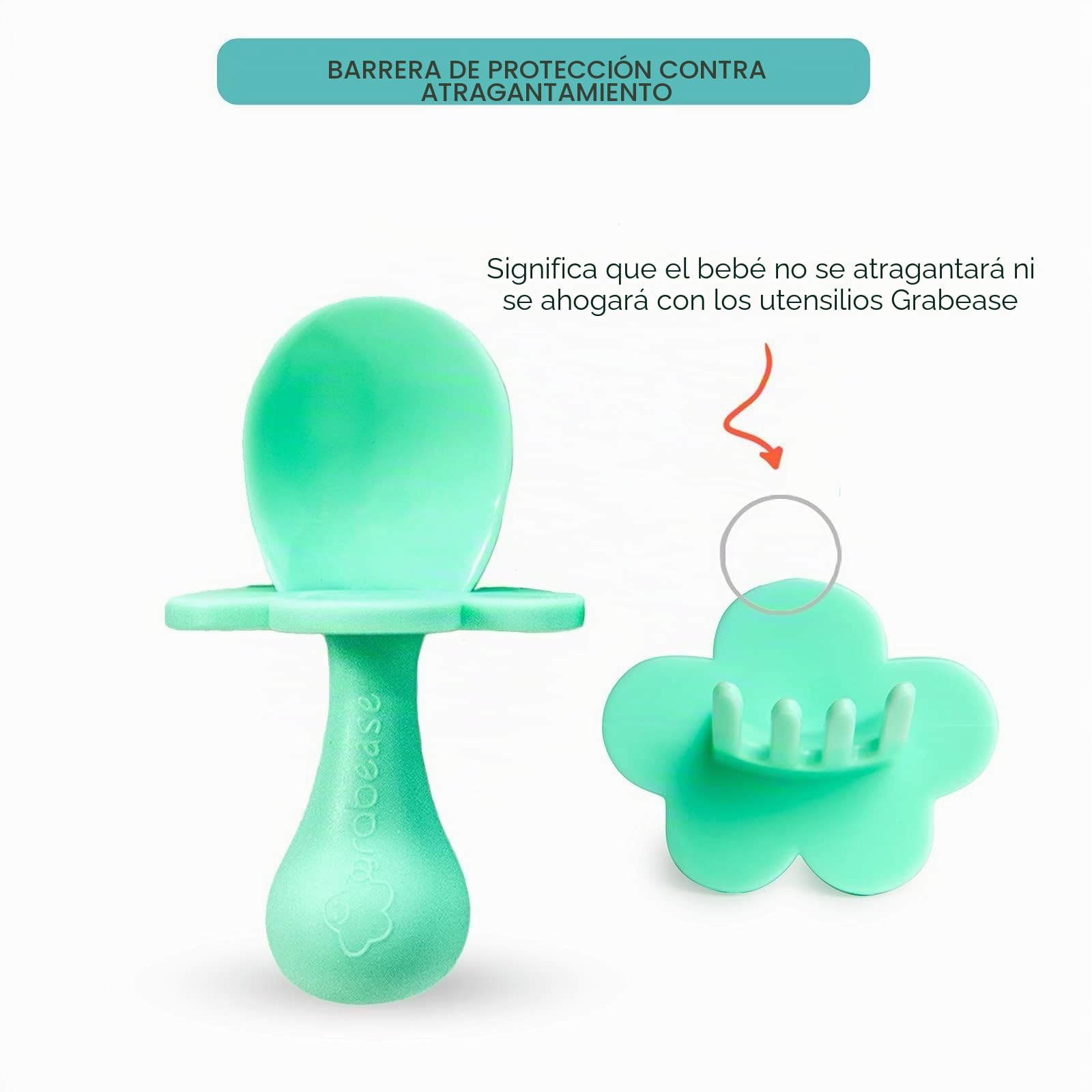 grabease Utensilios de autoalimentación, Juego de cuchara y tenedor para el destete, Con barreras protectoras para evitar el ahogo y las arcadas para Unisex Bebé Menta 2 Unidad (Paquete de 1)