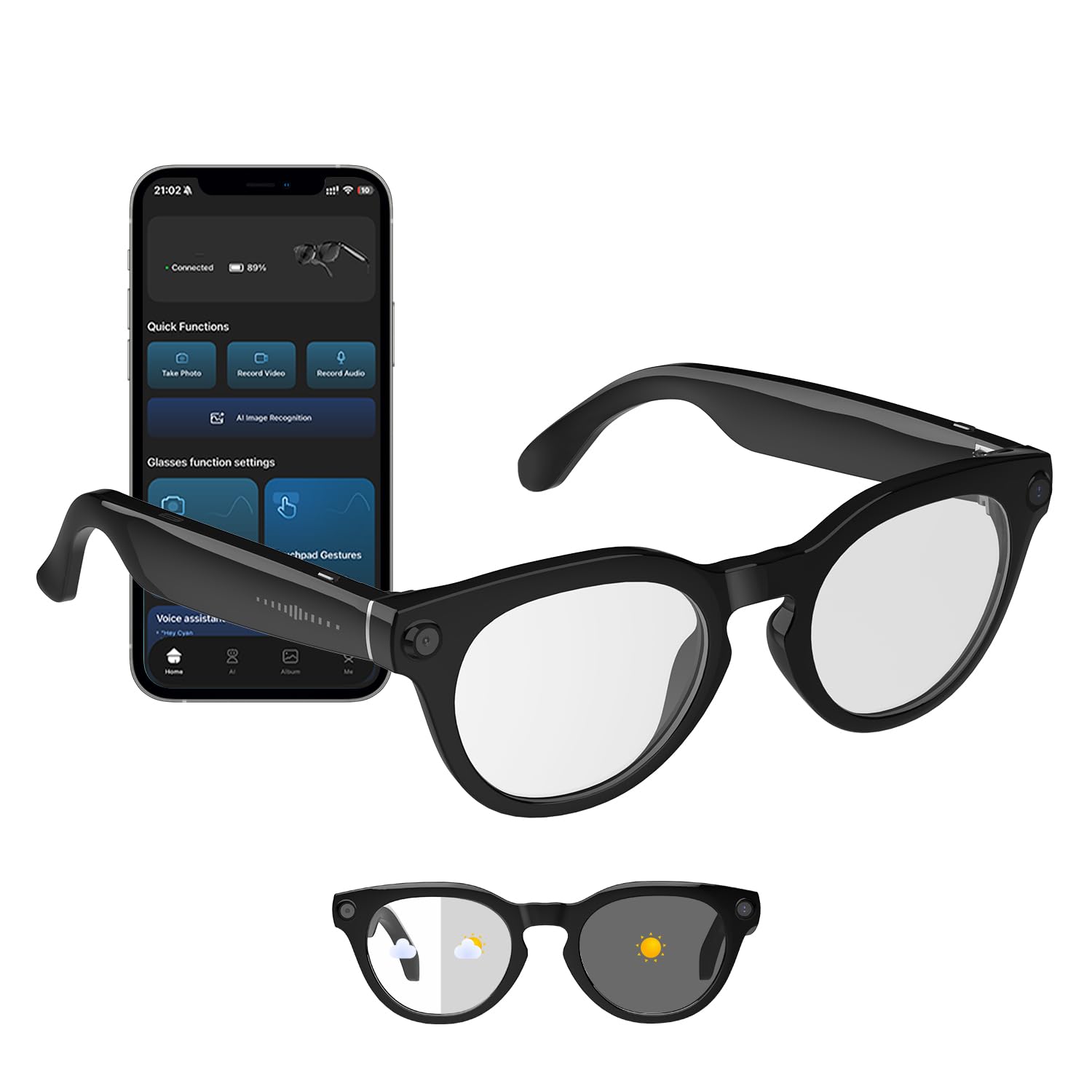 GenXenon Lunettes Connectées IA, Lunettes Caméra HD 8 MP – 220 mAh, Vidéo 1200P, Prise Photos et Vidéos, Verres Photochromiques AI Smart Glasses pour Cyclisme, Randonnée et Camping