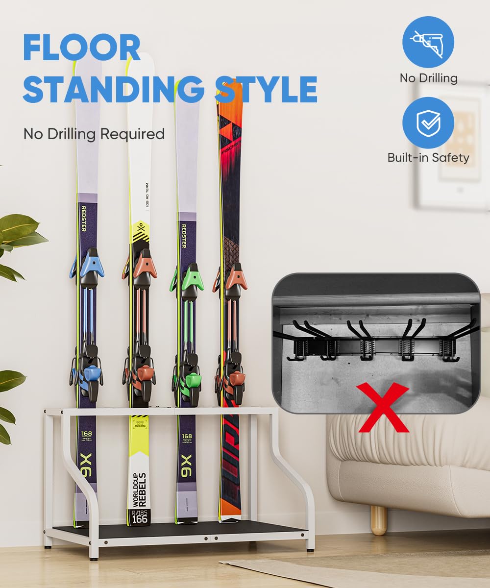 Mondazie Estante de almacenamiento de esquí para garaje, soporte de esquí independiente para 4 pares de esquís, botas, casco, gafas, soporte organizador de snowboard interior para el hogar, cobertizo