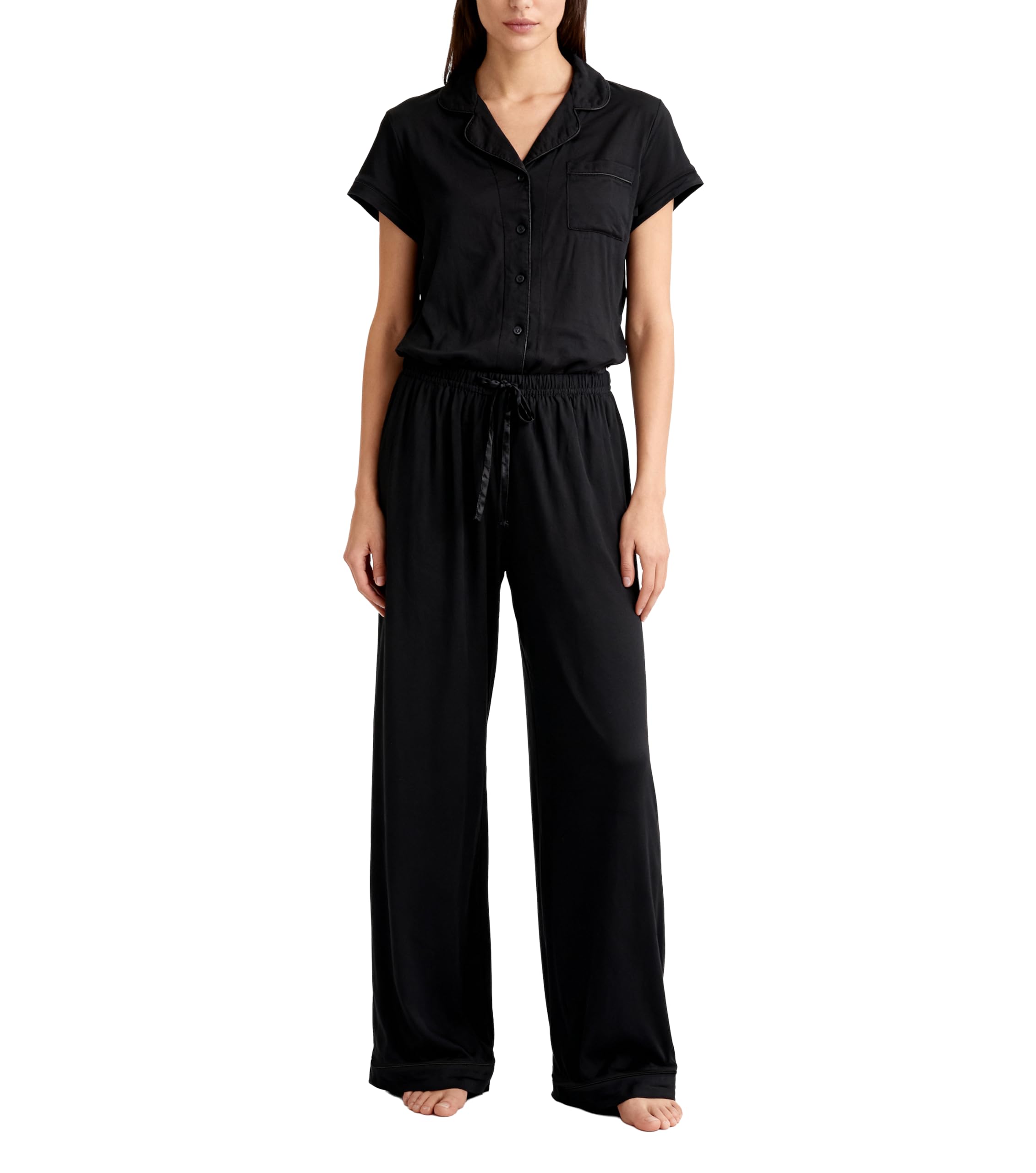 Rachel Zoe Button Up Pajamas for Women Sets, Jersey Soft PJs with Button Down PJ Top and Long Pajama Pants (Black, Large)