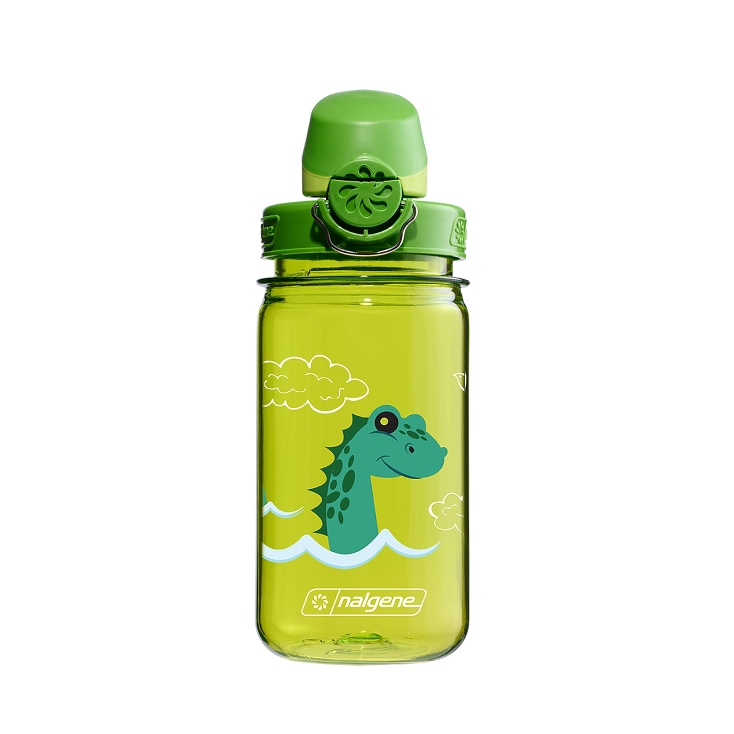 Nalgene Sustain Tritan BPA-Free Kids On The Fly Water Bottle Made with Material Derived from 50% Plastic Waste, Leak Proof, Durable, BPA Free, Carabiner Friendly, Reusable, 12 oz, Green Nessie โ image 1