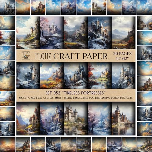 Papier de scrapbooking 30,5 x 30,5 cm Flonz aux motifs de châteaux médiévaux majestueux