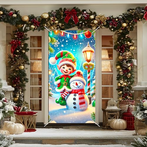 Image of BlissYard Merry Christmas Elf and Snowman Door Cover 71x35 Inch Holiday Front Porch Door Banners Decoration Winter Green Elf Hat Striped Tights Snowy for Sign Party Indoor Outdoor Decor Party Decor