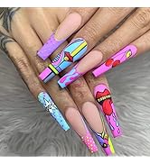 SIXDIAN Press on Nails Long Coffin Colroful Pink Fake Nails with Cherry Red Mouse Design Full Cov...