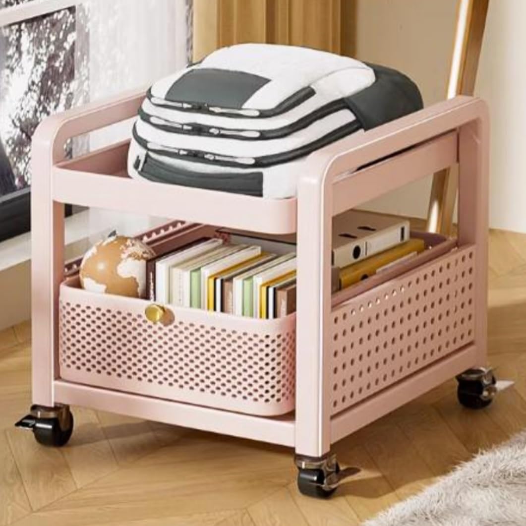 YVYKFZD Metal Slim Storage Cart, 2/3/4-Tier Narrow Storage Cabinet, Rolling Utility Cart with Drawer and Wheels, Mobile Kitchen Carts, Space Saving Bathroom Organizer(Pinks,2 Tier 12.5"x15.7"x17.3")