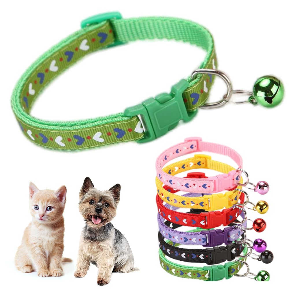Teleyi Green XS Dog Collar with Bell, Love Pattern, Cute Fancy Puppy Collar for XXS XS Tiny Little Kitten Pet Female Dogs, Neck 7-12 Inch