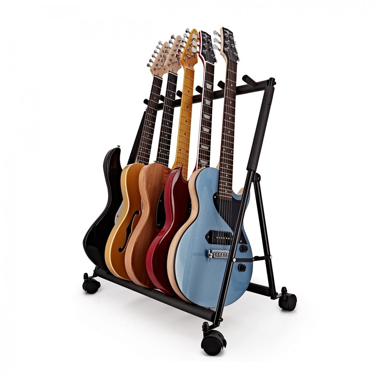 gear4music Support multi-guitare pour 5 guitares pliable avec roulettes