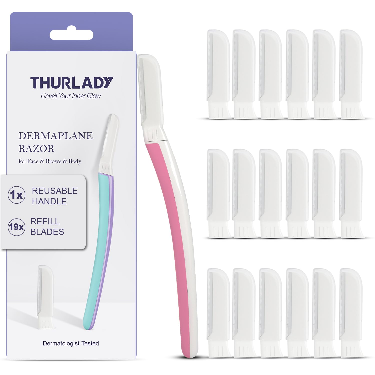 THURLADY Dermaplane Razor, Face Razors for Women, Dermaplaning Tool, 1 Reusable Handle with 19 Microblades for Face, Gentle Exfoliation & Facial Peach Fuzz Removal for Smoother Skin, Pearl Blush