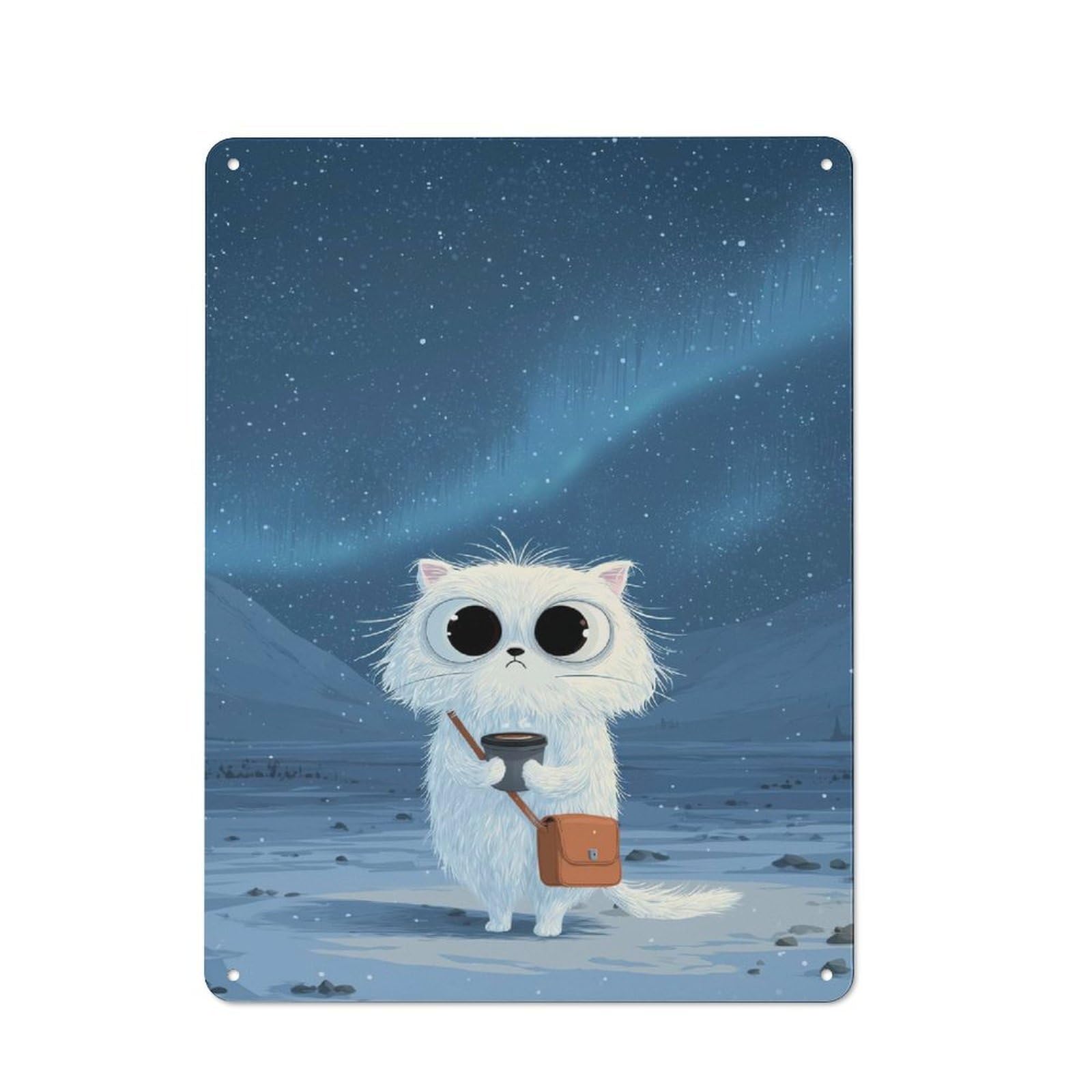 Junmoney Style-3 Cartoon Cat With Coffee In Aurora Warehouse Style Metal Wall Decor 40X30cm, Metal Wall Sign For Workspace, Cafe, Hallway Or Garage