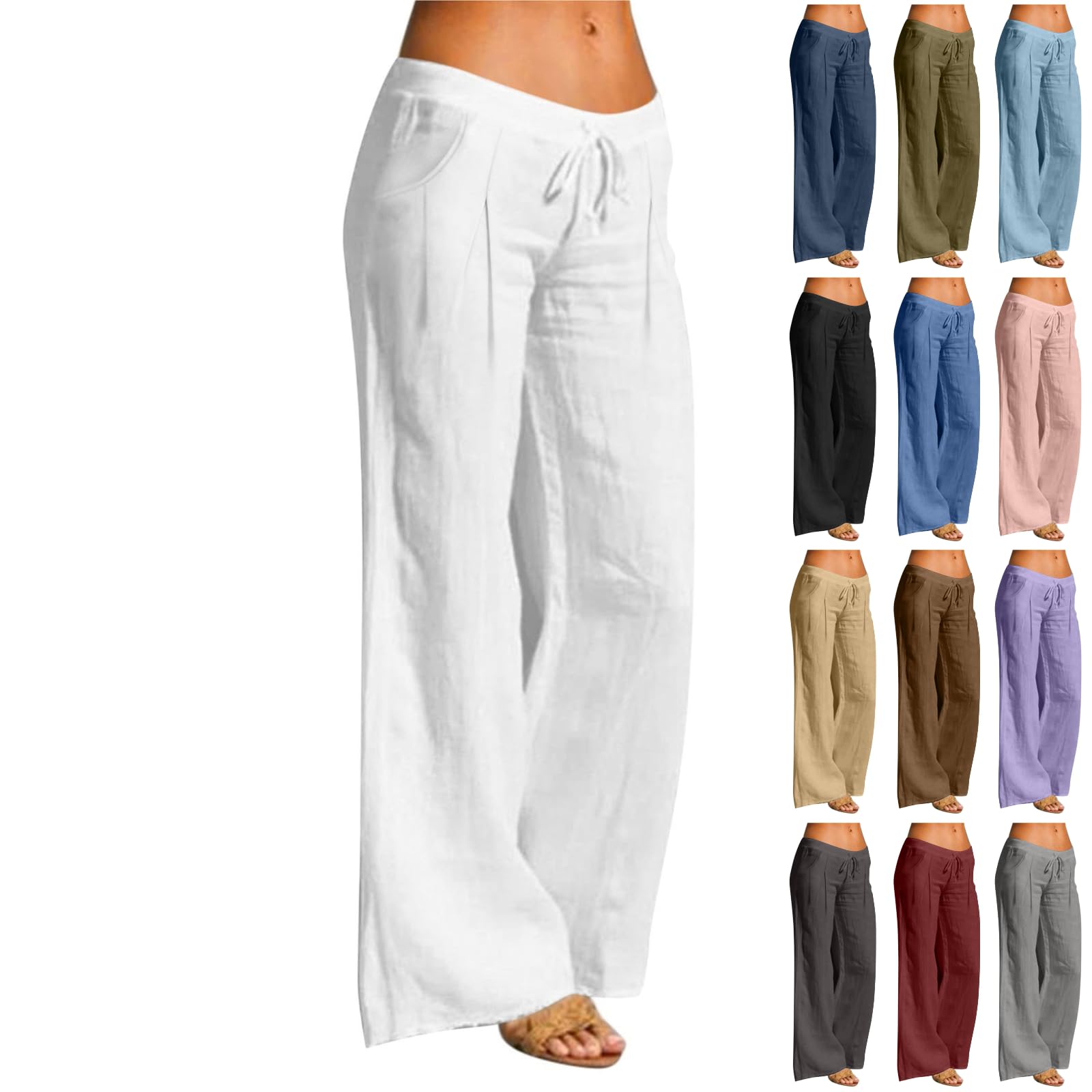 LIKEOULI Linen Pants Women Wide Leg Drawstring Elastic Waist Linen Cotton Blend Pants Casual Loose Trousers with Pockets