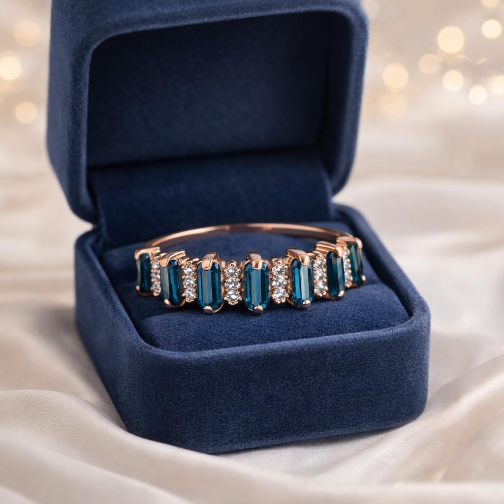 Blue Topaz & Moissanite Engagement Ring 14k Rose Gold Half Eternity Wedding Band with Diamond Accents Vintage Inspired Baguette Cluster Anniversary Ring Stackable Handmade Bridal Jewelry for Women