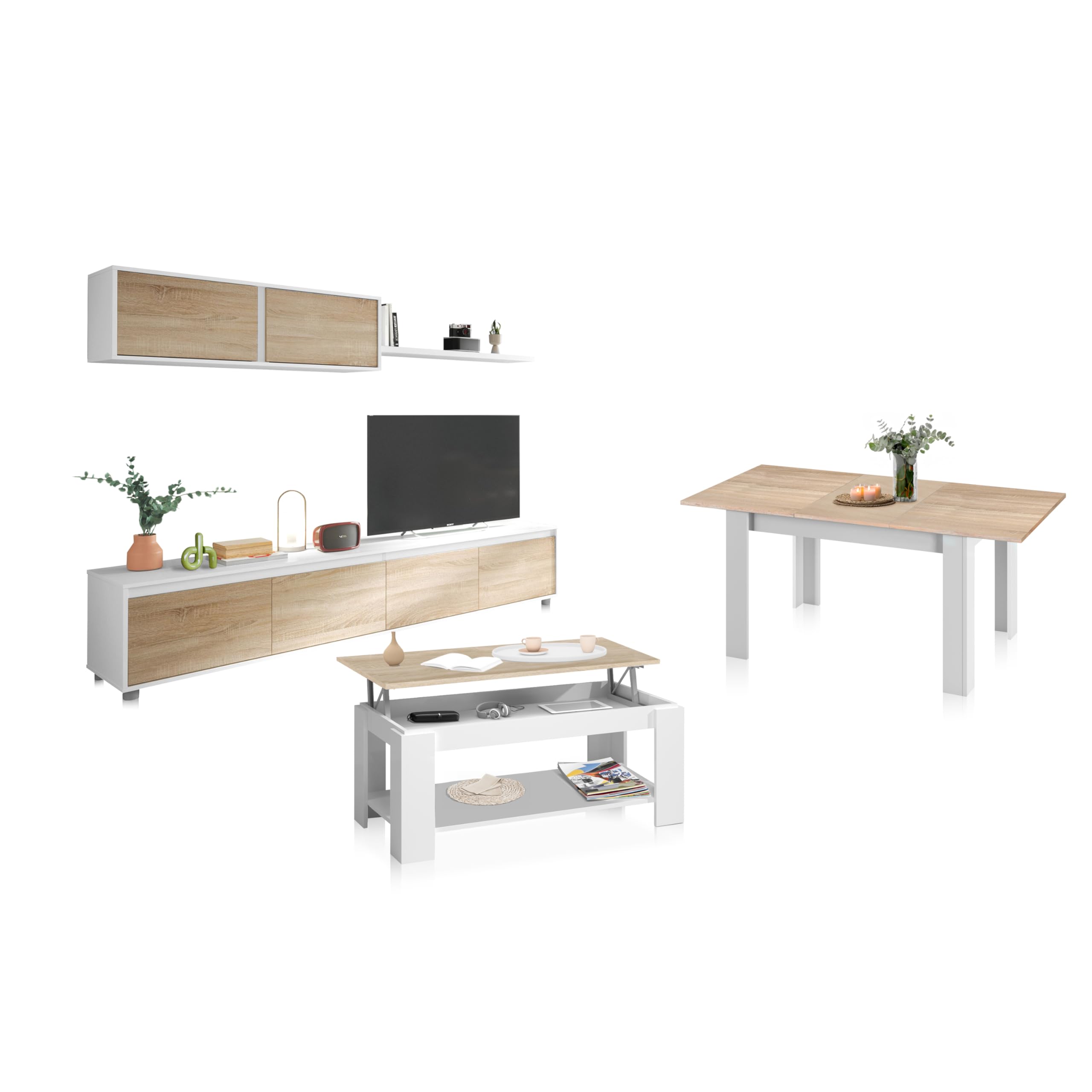 duehome | Pack de Salon con Modulo TV + Mesa de Centro Elevable y Mesa de Comedor, Conjunto de Salon, Modelo Arlet MAX V1, Acabado en Blanco Artik y Roble Canadian