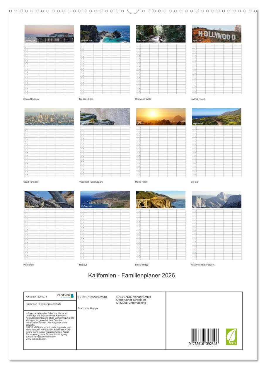Kalifornien - Familienplaner 2026 (hochwertiger Premium Wandkalender 2026 DIN A2 hoch), Kunstdruck in Hochglanz: Familienplaner Kalifornien (CALVENDO Orte)