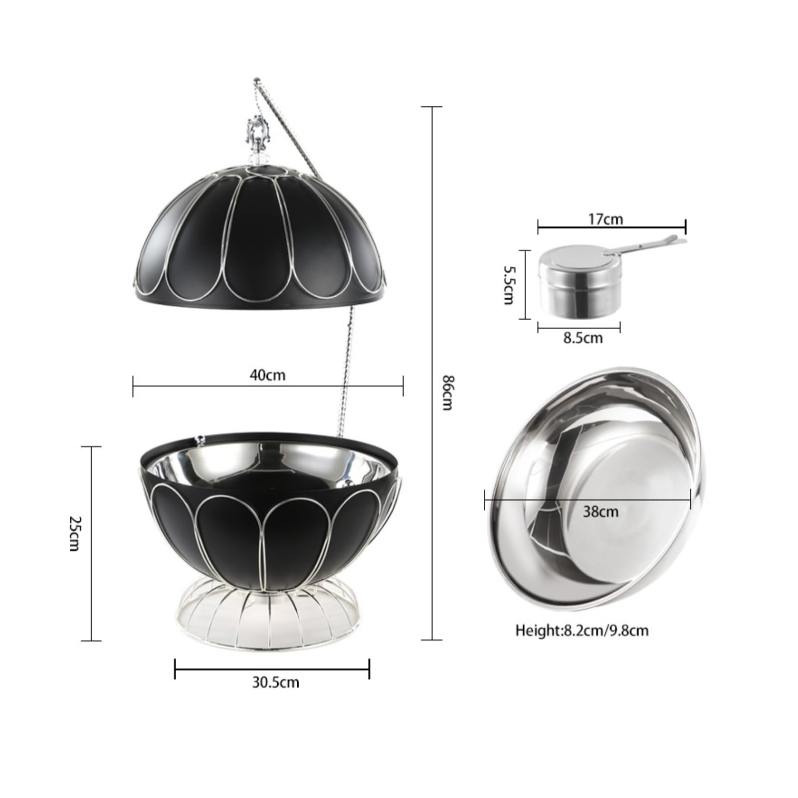 Chafing Dish Esférico de Acero Inoxidable con Tapa Suspendida Olla Buffet Redonda Recipiente Calentador con Quemador de Alcohol Adecuado para Catering Recepciones Autoservicio