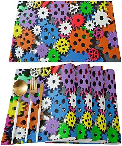FAMILYDECOR Cotton Linen Placemats for Dining Table Mats Set of 6 Placemats Easy to Clean Wipeable Washable Modern Indoor Outdoor Placemats for Dining Kitchen, Colorful Gear