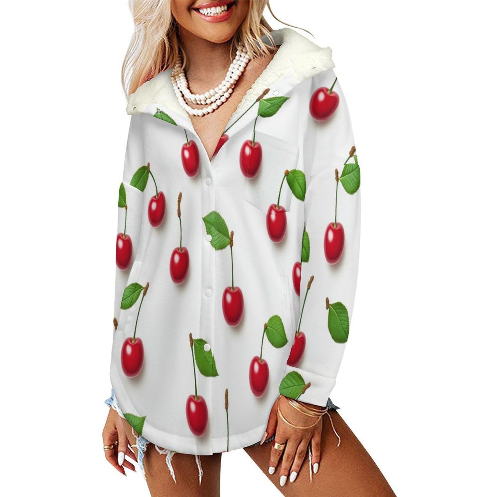 Felpe con Cappuccio da Donna Foglie Verdi di Ciliegio Felpa Donna Invernale con Bottoni Stile Adesivo Foderata in Pile Sherpa, Abbigliamento Caldo e Morbido con Tasche, S-6XL, Rosso