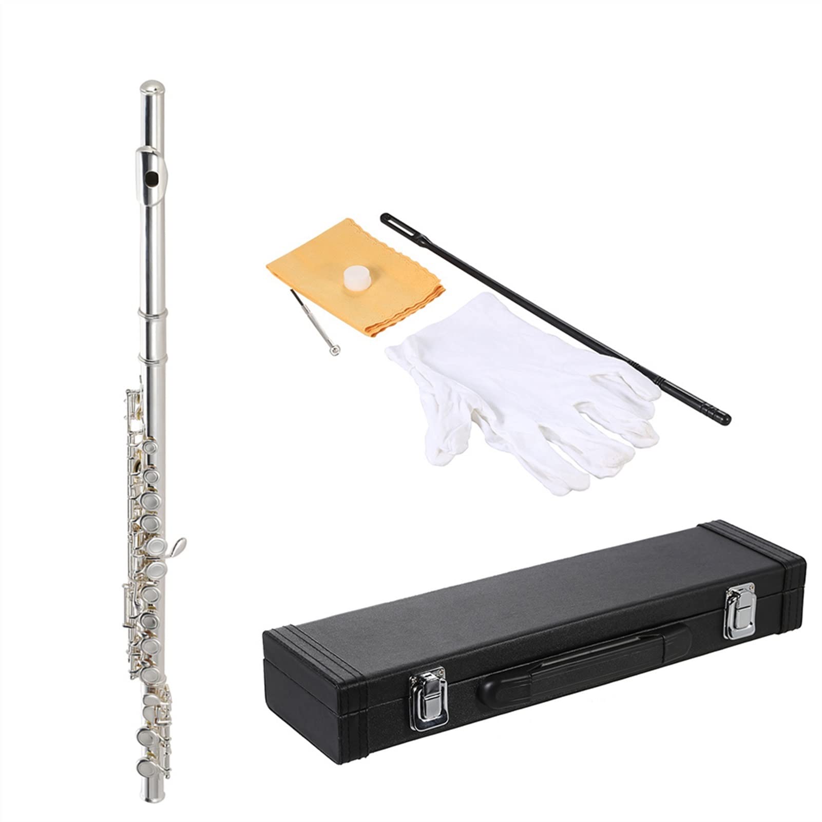 ZUZU Principiante Estudiante Concierto Flauta C Clave Níquel Plata Plateado Agujero Cerrado de 16 Orificios con Instrumento de Viento Kit Flauta
