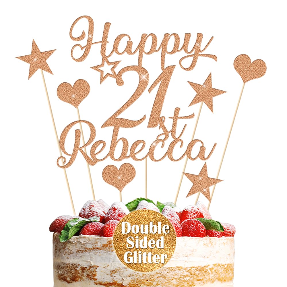 Personalised Cake Topper Custom Multicoloured Non-Shed Double Sided Glitter Decoration Happy Birthday Cake Topper with Any Name Any Age 13th 21st 30th 50th (Rose Gold)