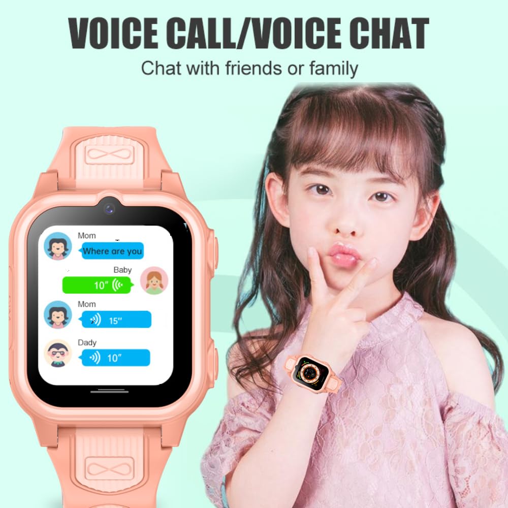 Winnes Reloj Inteligente 4G para niños, posicionamiento GPS, videollamada bidireccional, SOS, Modo Escolar, Resistente al Agua IPX, cámara, Despertador, Regalo para niñas y niños (Pink)
