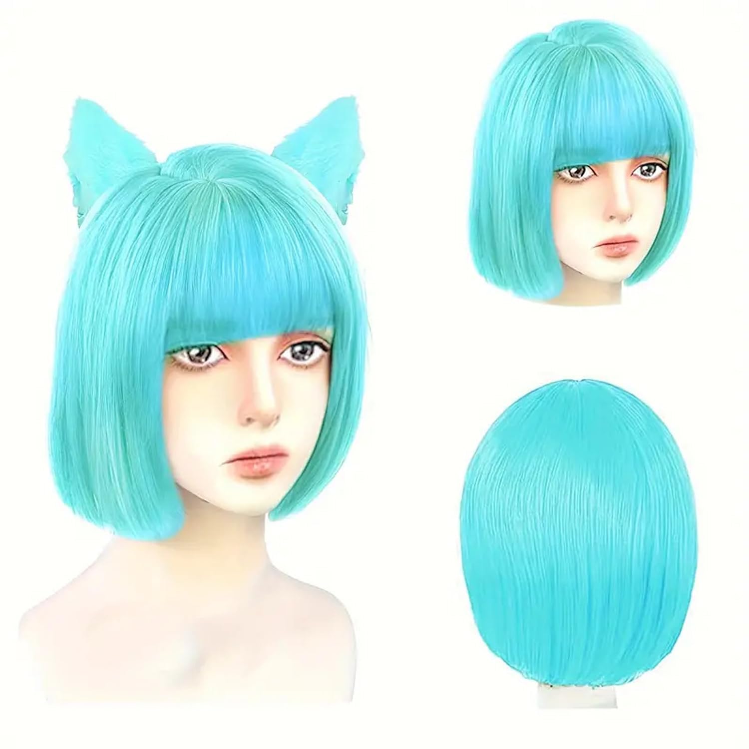 Creamily Short Bob Blue Wig with Bangs, Colorful Wig for Halloween Daily Cosplay & Party Use - Image 2