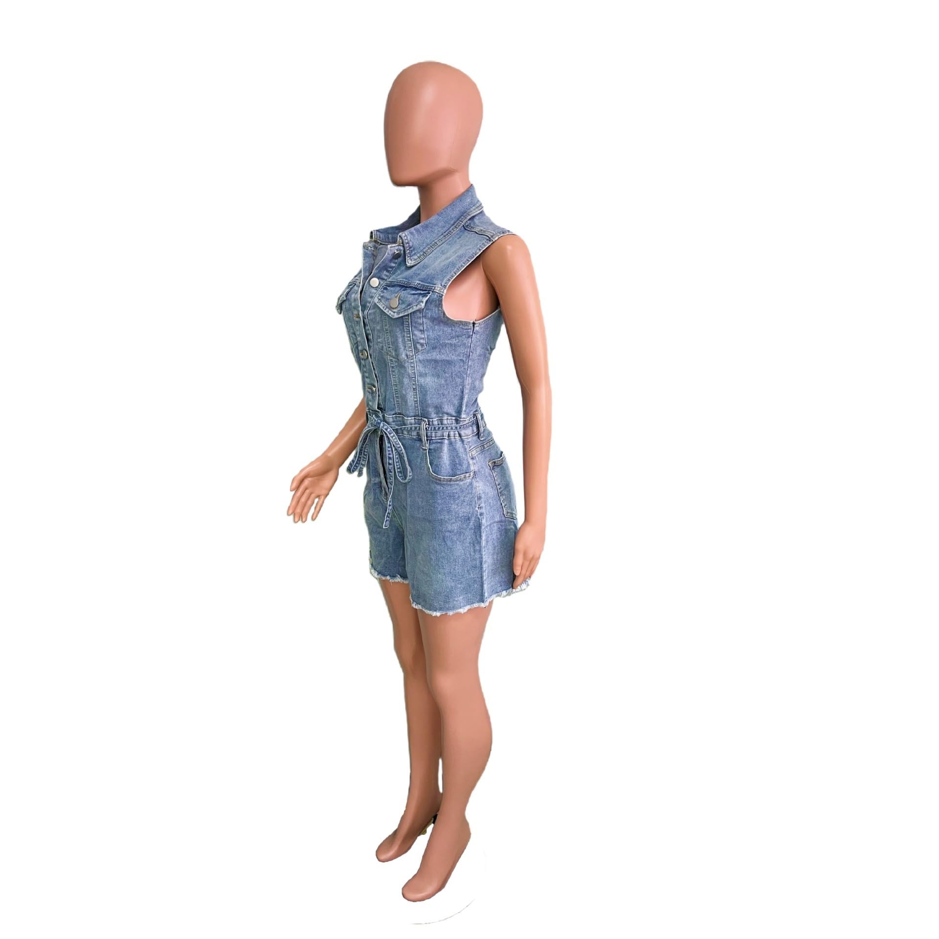 Barboteuse en Denim pour Femmes, Mode Rétro, Revers, sans Manches, Pantalon Court, Poches Latérales, Boutonné sur Le Devant, Combinaisons Chics avec Ceinture