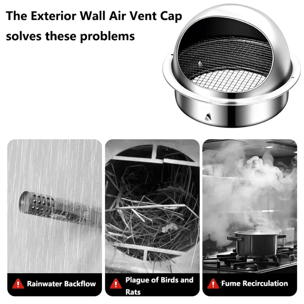 Rejilla Ventilacion de Pared de Acero Inoxidable de 100-200 mm, Cubierta de Salida de Aire Exterior con Rejilla Metálica, para Cocina, Campanas Extractoras, Secadoras，cuarto de Baño