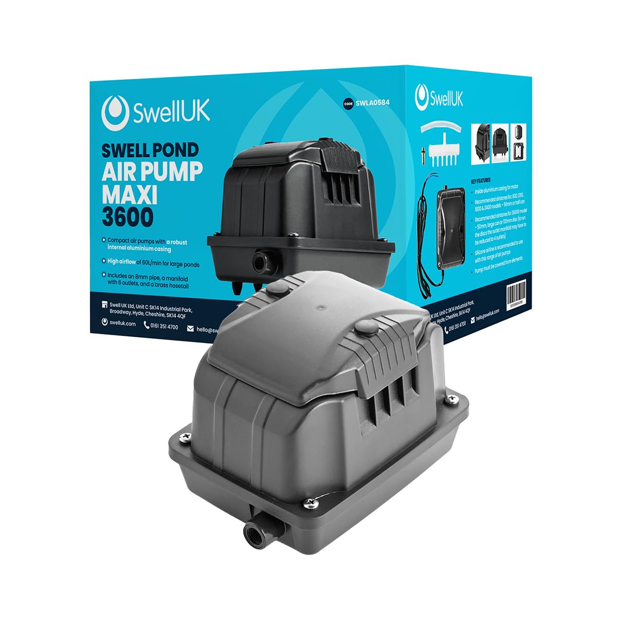 Swell Air Pumps Maxi 3600 | Robust Air Pump | Garden Pond Air Pump | Fish Pond Essential | 3 Year Guarantee