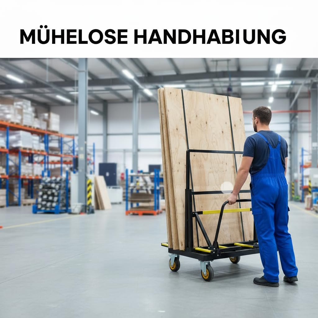 Plattenwagen mit 1000 kg Tragkraft, gummierte Lenkrollen – praktische Materialtransport-Lösung zum Transport von Glas und Sperrholz, für Werkstatt, Lager und Haushalt