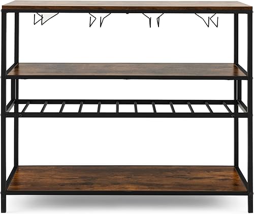 Miniatura 9 de Giantex Mesa de vino industrial de 4 niveles, gabinete de barra de madera de 13 botellas con soporte para 20 vasos, estante de almacenamiento con