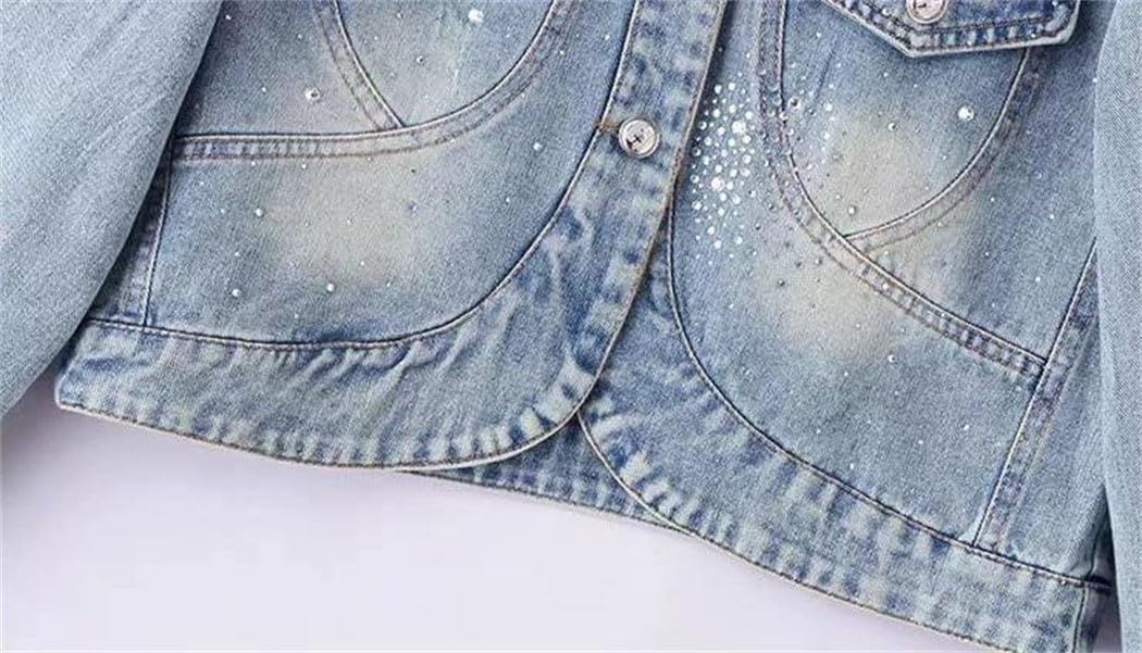 Women's Cropped Denim Jacket Rhinestone Sequin Studded Decoration Spring Autumn Casual Party Wear Sparkly Top