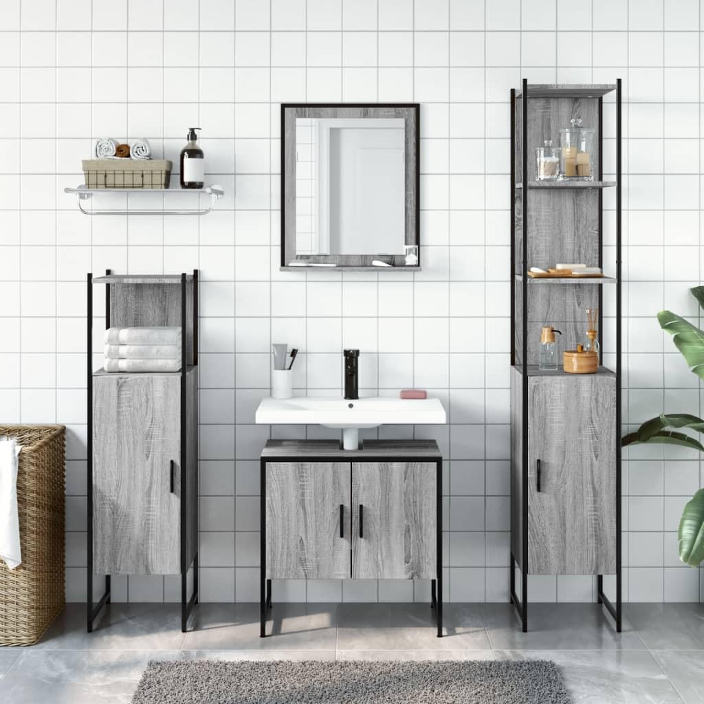 Fengshui Juego de muebles de baño de 4 piezas de color gris de madera y acero con recubrimiento en polvo con mucho espacio de almacenamiento, incluye espejo con estante para utensilios de baño como