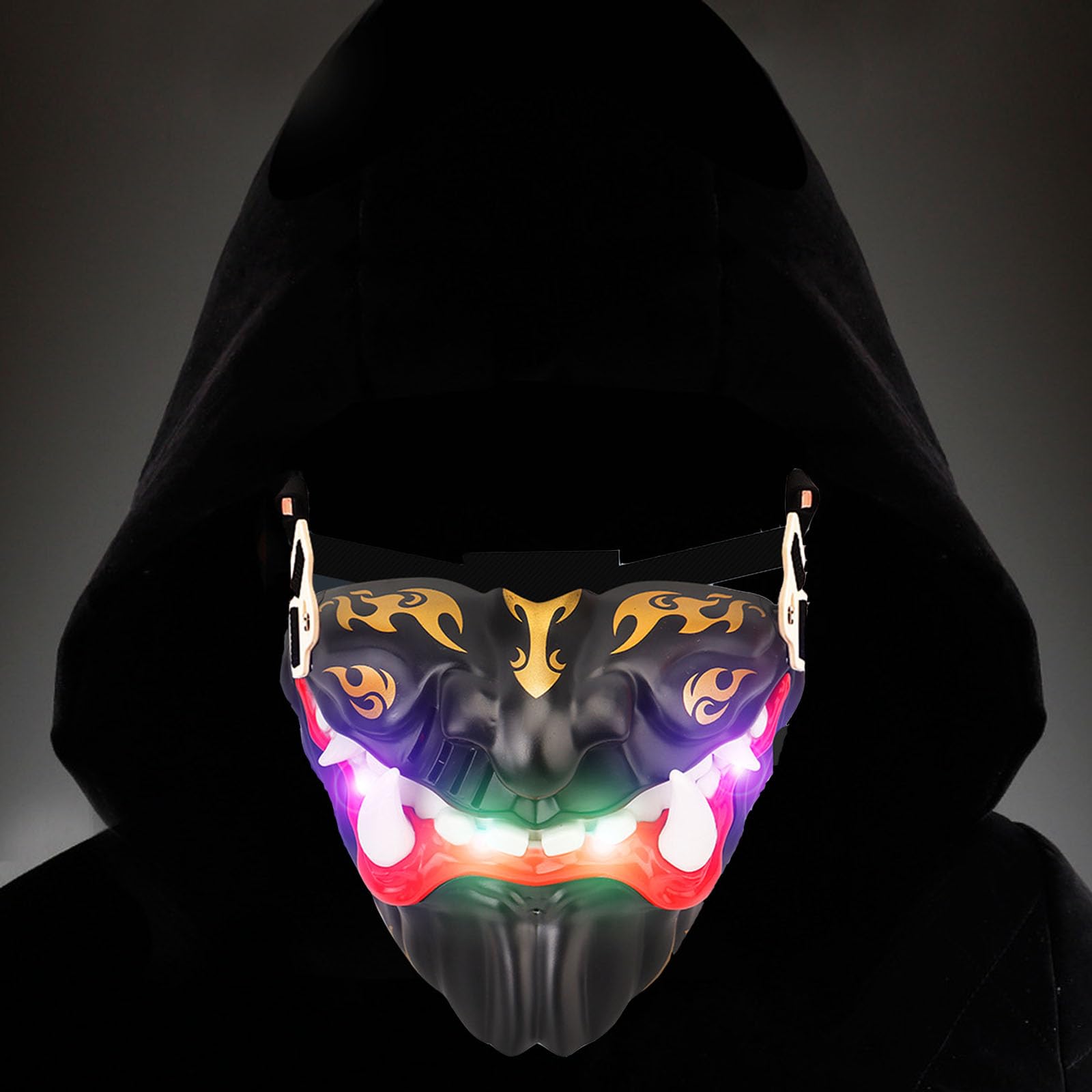 Voice Changer Half Face Oni Mask Movable Mouth Japanese Warrior Masks with Sounds Halloween Samurai Costume for Role-Play