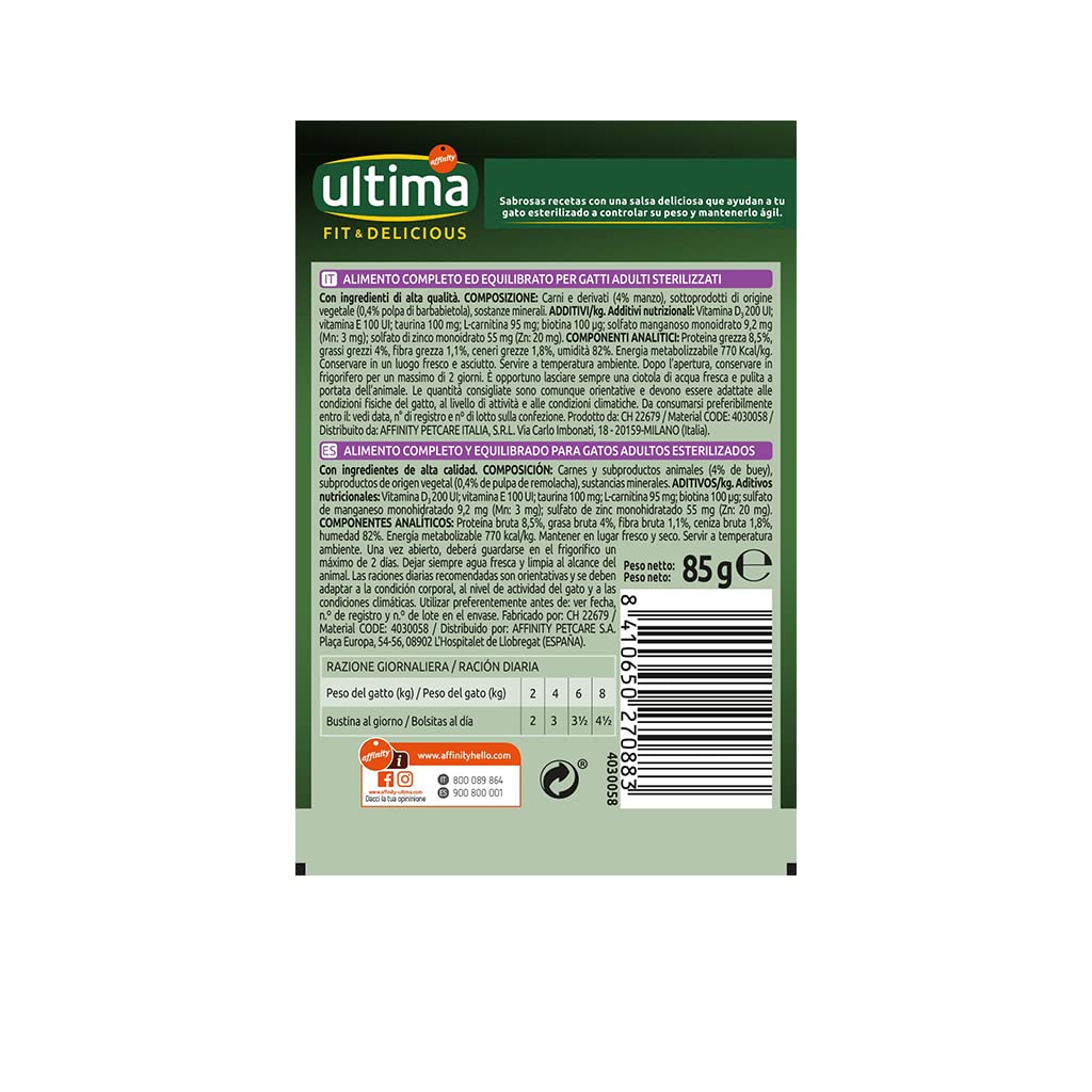 Ultima Cibo Umido per Gatti Fit & Delicious con Manzo: 24 Buste da 85g