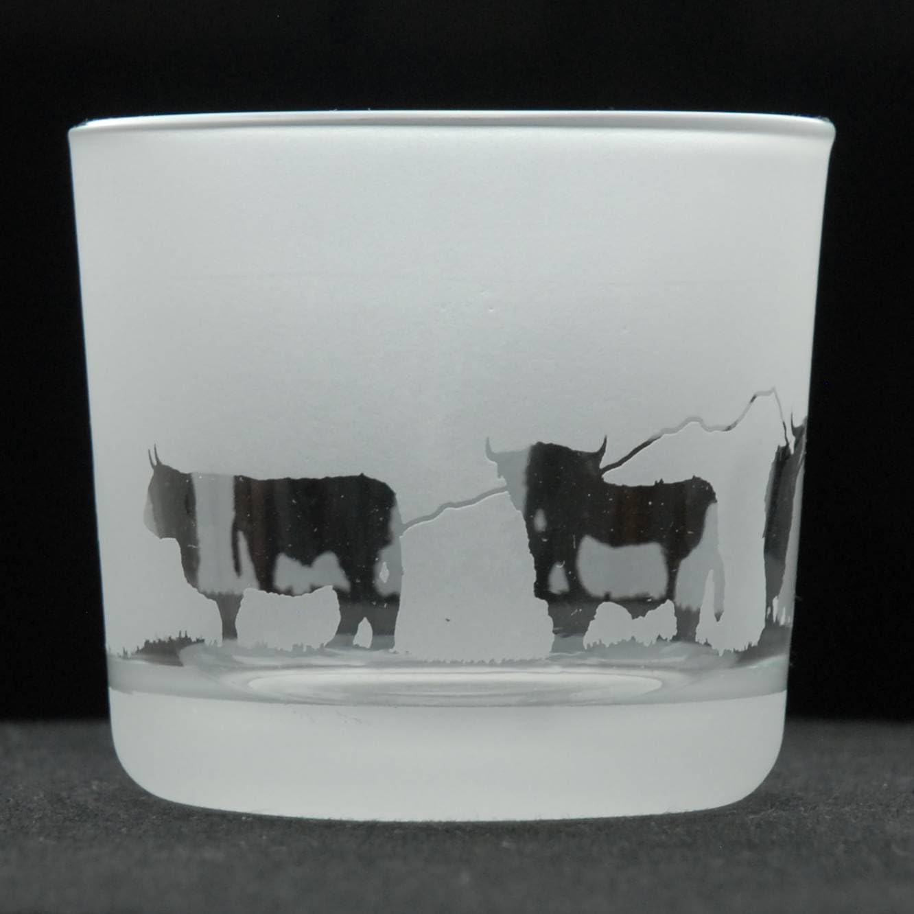 Animo Glass Votive Tea Light Candle Holder, Frosted Etched Glass Holders with Highland Cow Design - Clear Tealight Candle Holder Birthday Gift - Home Decor Highland Cow
