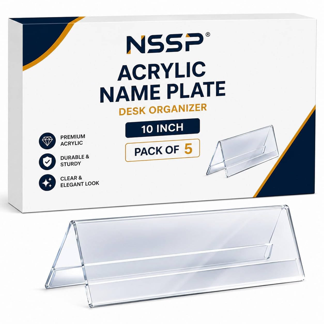 Acrylic Table Desk Name Plate | 10 Inch (Pack of 5, Clear Acrylic) | Elegant & Durable Design | Suiable for Home, Office, Restaurant & Reception