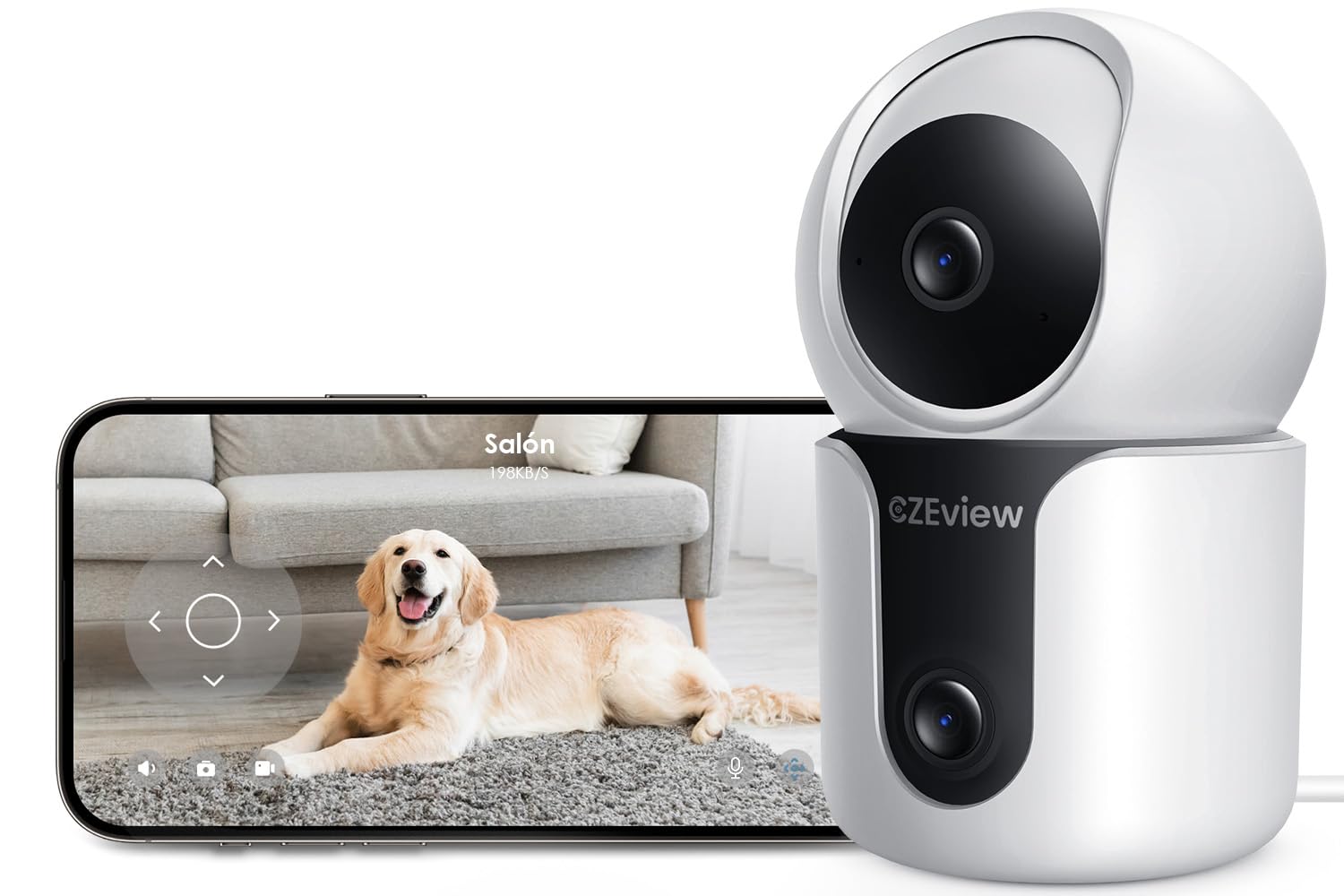 CZEview 2K+2K Cámara Vigilancia Interiores, Doble Objetivo, Visión Nocturna, 360° Cámara Mascotas Perros Gatos, Wi-Fi Doble Banda 2,4 & 5 GHz (Blanco)