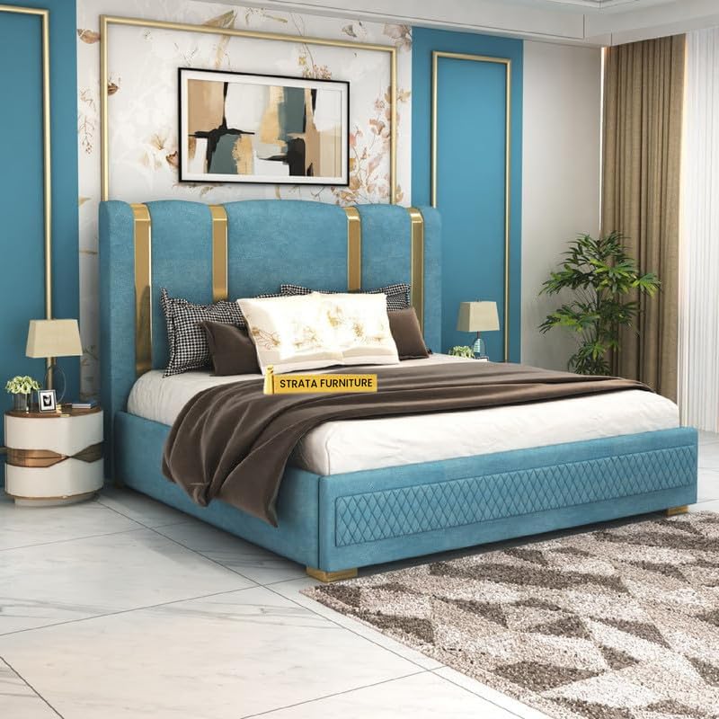 Image of STRATA FURNITURE Solid Wood Queen Size Bed with Box Storage and Upholstered Headboard | Modern Wooden Double Bed Cot Palang Furniture for Bedroom, Hotels, Living Room, and Home (Blue)